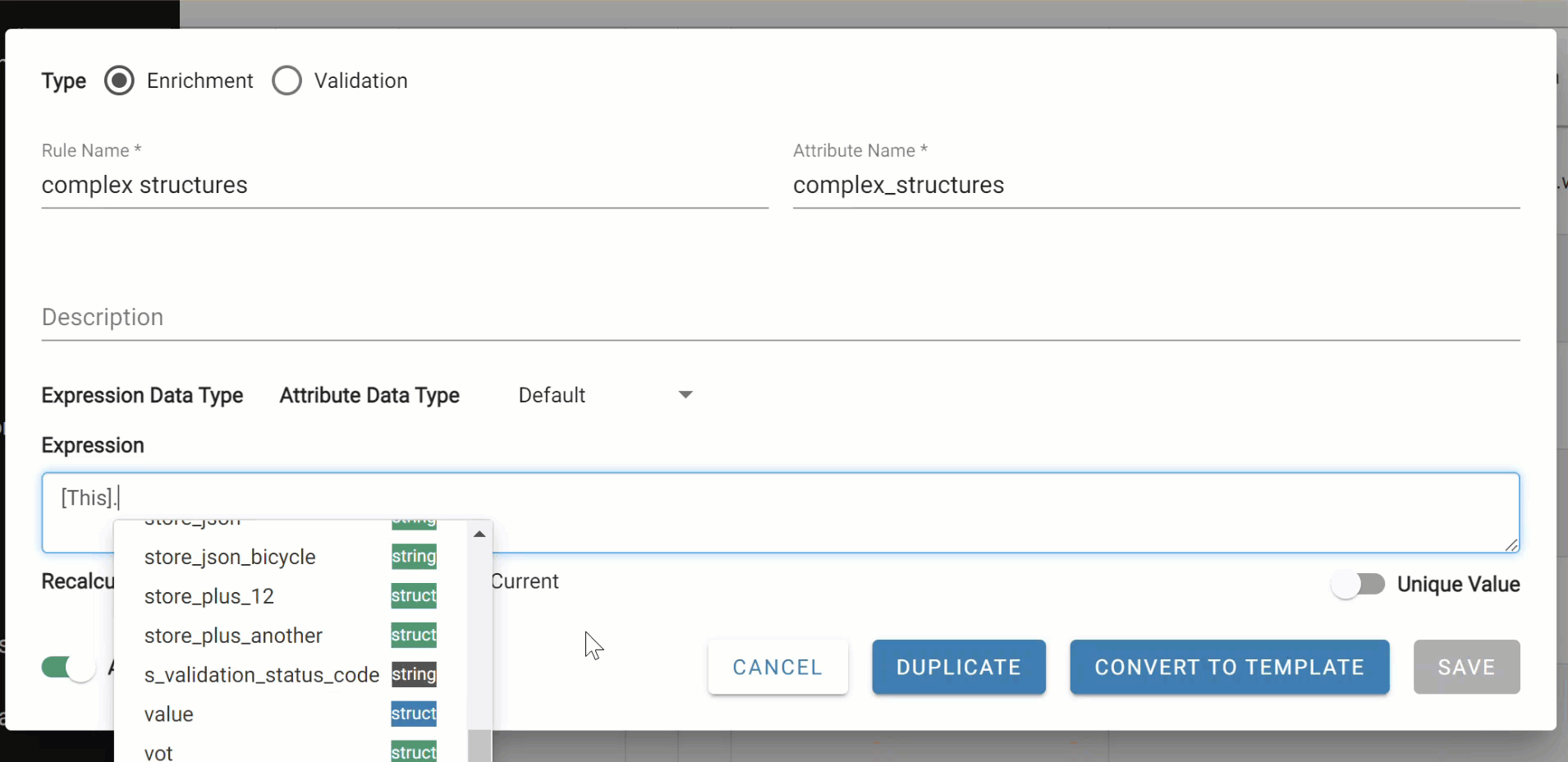 Schema evolution configuration for complex types in DataForge Cloud